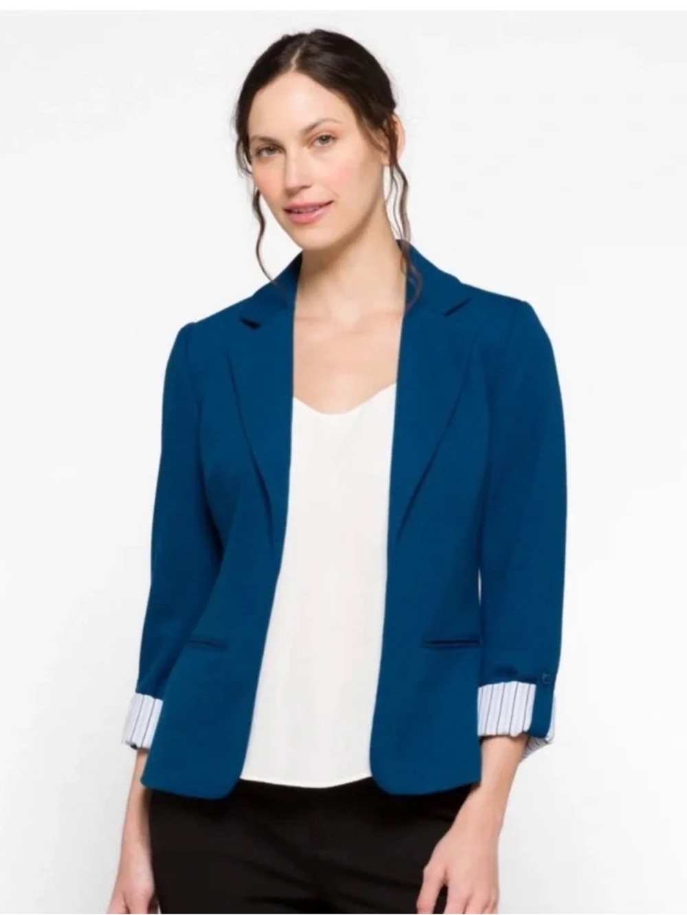 NWT Stitch Fix 41 Hawthorn Natalie Knit Blazer Navy Blue Roll Tab Sleeves